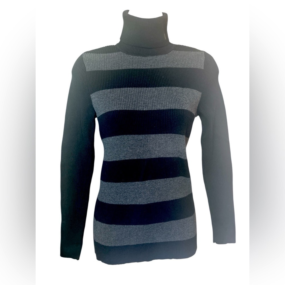 Lauren Ralph Lauren Womens Turtleneck Black Gray Striped Pullover Sz S Academia